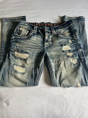 Rock Revival Distressed Light Blue Embroidered Pocket Jeans